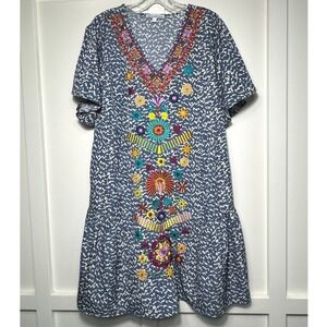 SEE AND BE SEEN‎ Blue White Patterned Embroidered Tiered Ruffle Dress Size S